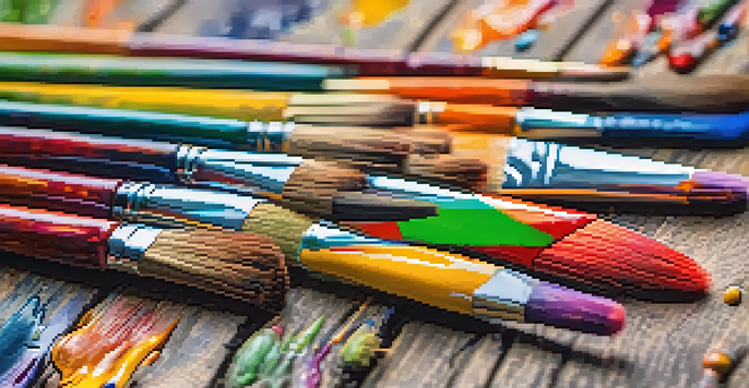 A close-up of various paintbrushes on a wooden palette with colorful acrylic paint splatters.