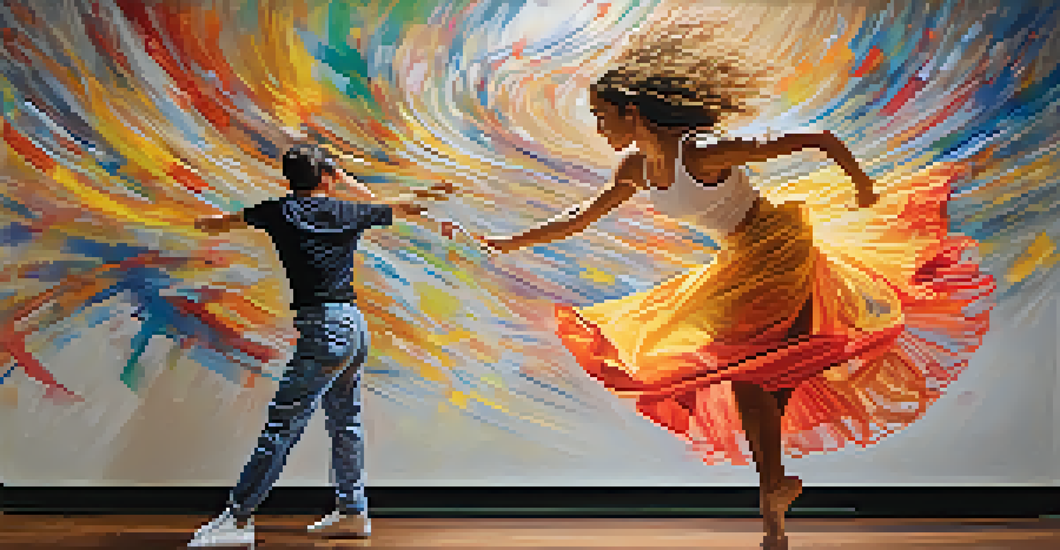 A visual artist painting a colorful canvas as a dancer interprets the artwork through graceful movement, showcasing the collaboration between art forms.