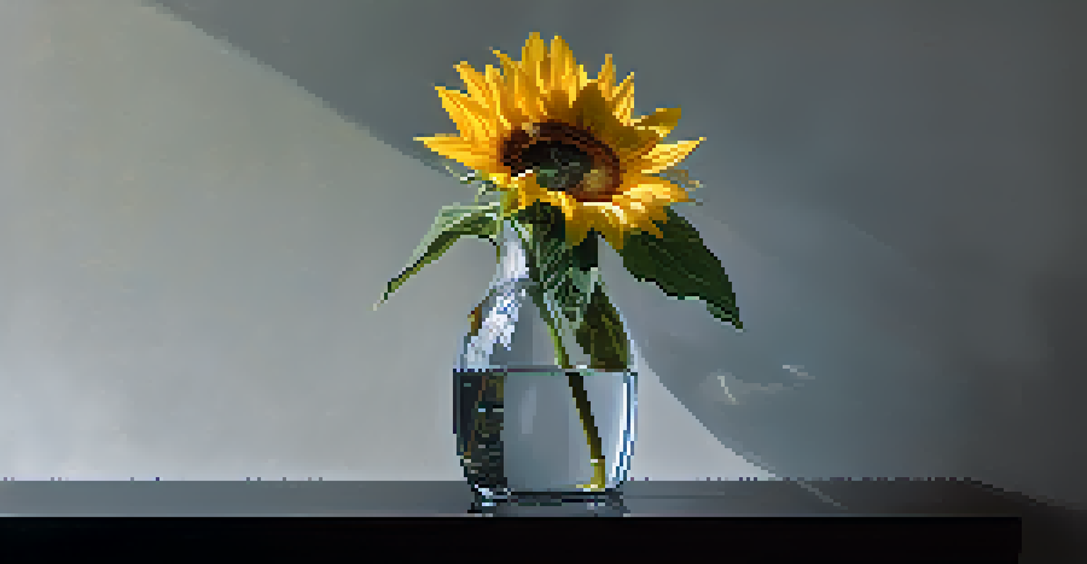 A still life of a wilting sunflower in a glass vase on a dark surface, using dramatic lighting to emphasize texture and beauty.