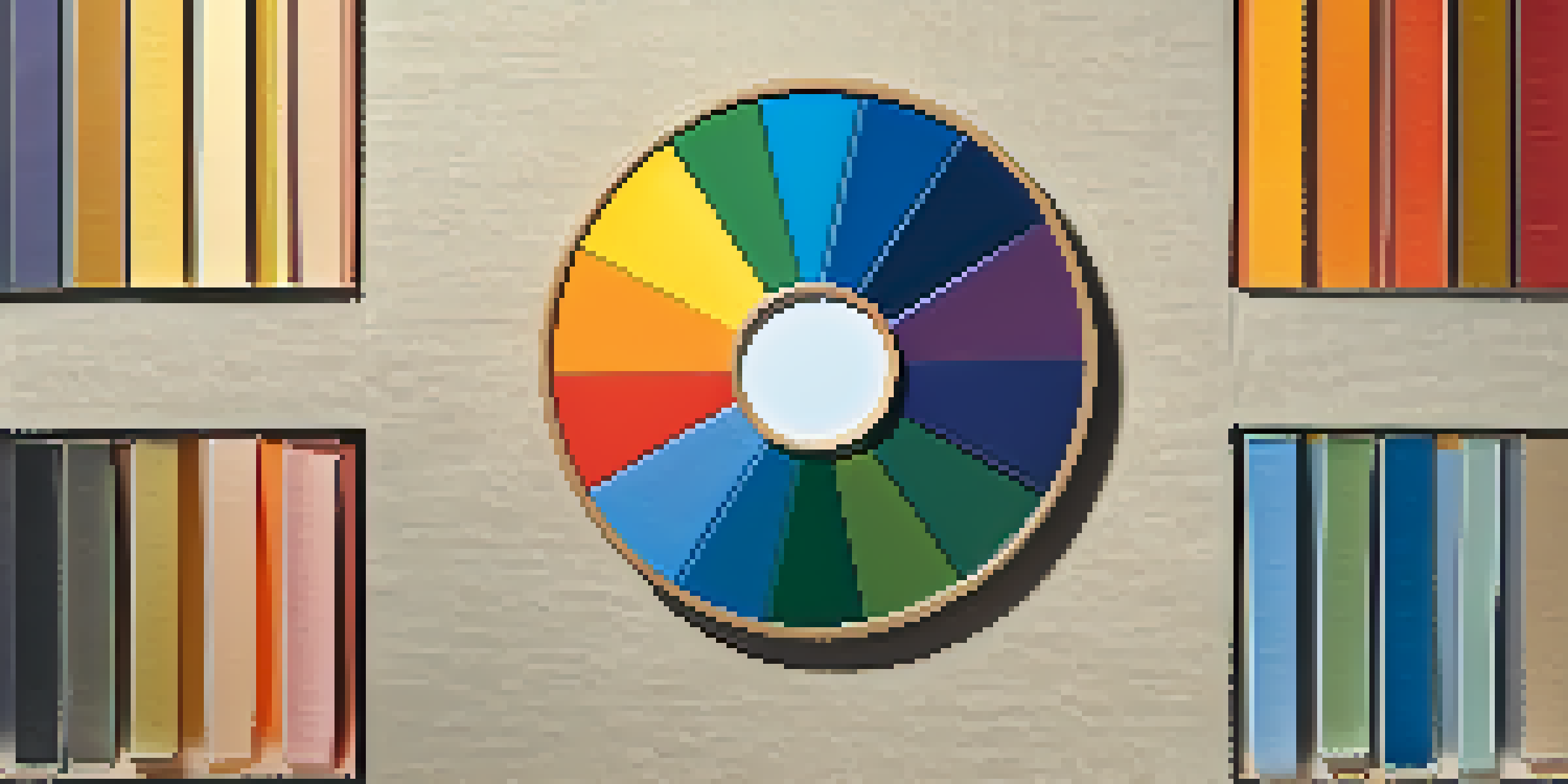 A colorful wheel showing primary, secondary, and tertiary colors on a textured canvas background, illuminated by soft natural light.