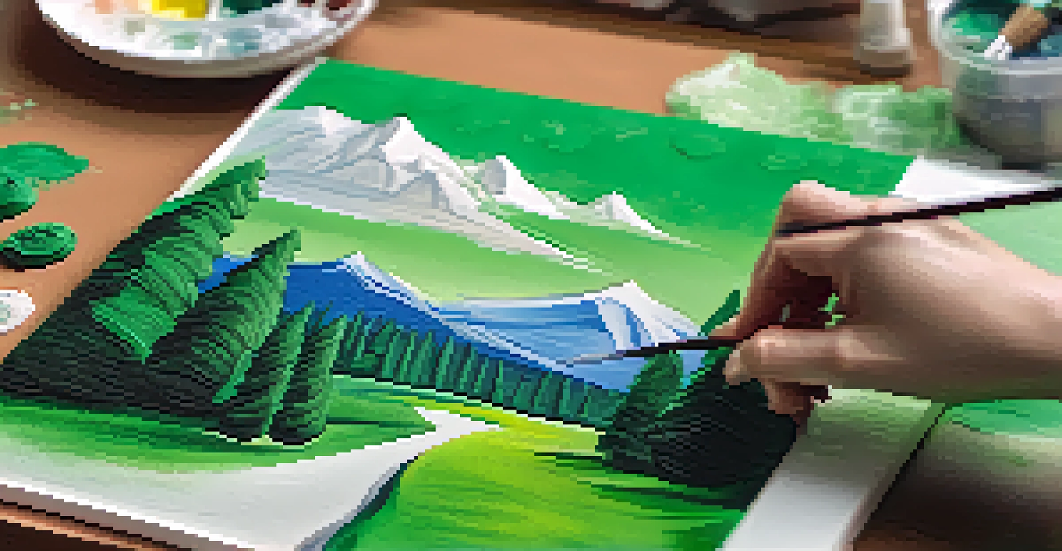 A close-up of an artist's hand painting with gouache on a canvas, featuring a colorful landscape.