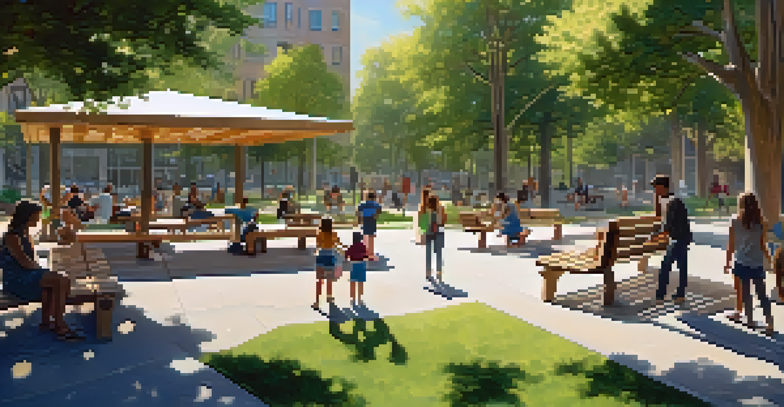 A transformed urban park featuring eco-friendly sculptures, with families enjoying the sunny outdoor space.