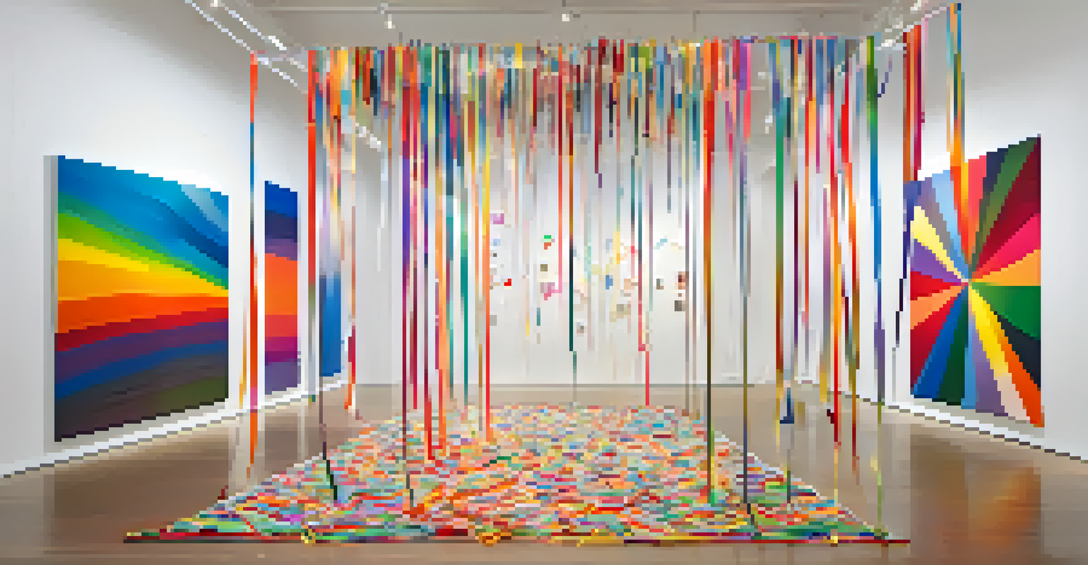 An interactive art installation where viewers add colored ribbons to a large canvas in a bright gallery.