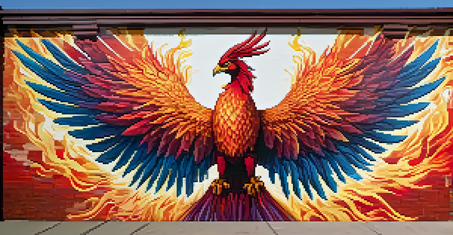 A colorful street art mural of a phoenix on a brick wall, showcasing vibrant red, orange, and gold colors with intricate details.