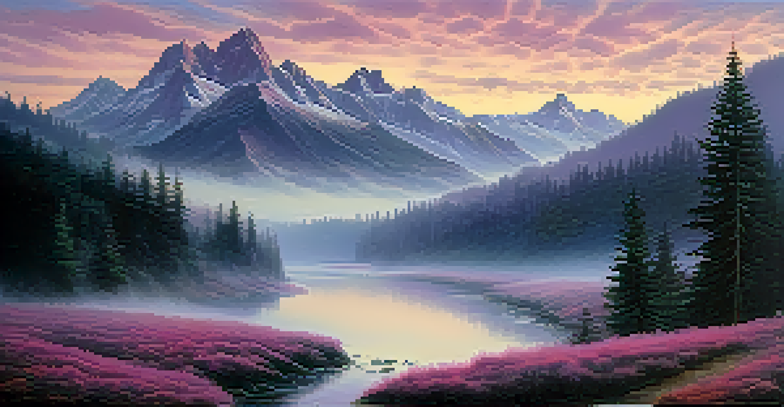 Majestic mountains at dawn with mist and a winding river through a forest.