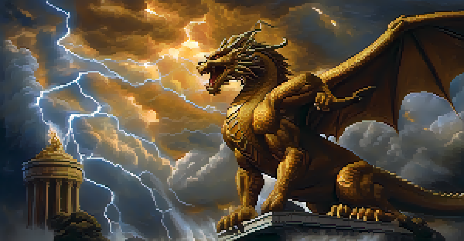 A dramatic battle between Zeus and a dragon in a stormy sky with lightning and fire.