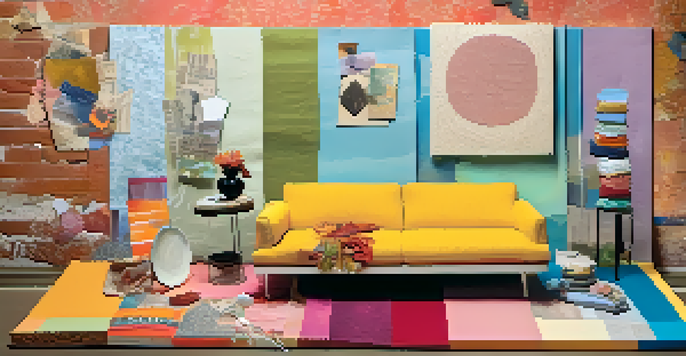 A colorful collage made from textured papers, fabrics, and found objects on a canvas, showcasing a variety of colors and textures.