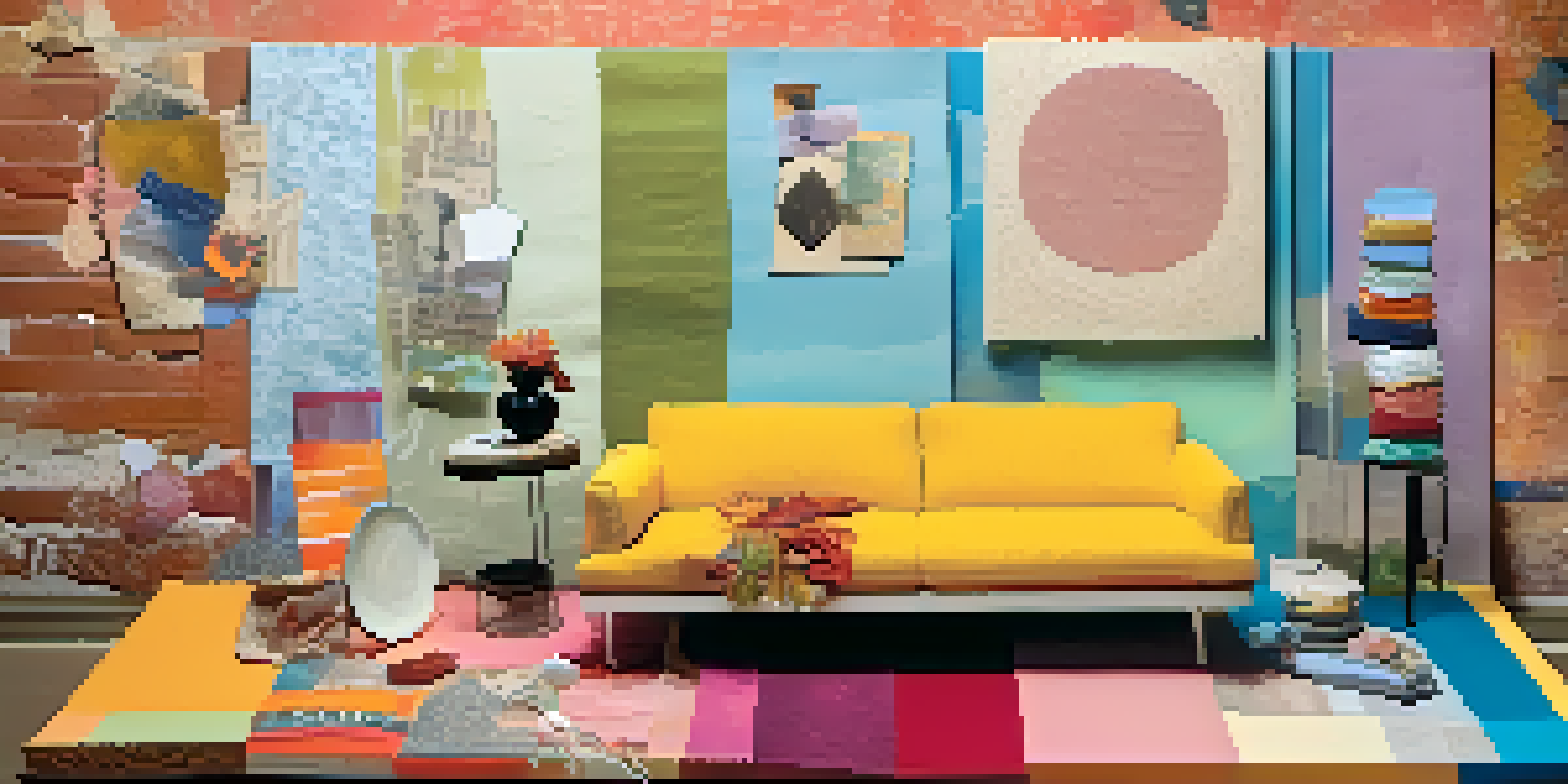 A colorful collage made from textured papers, fabrics, and found objects on a canvas, showcasing a variety of colors and textures.