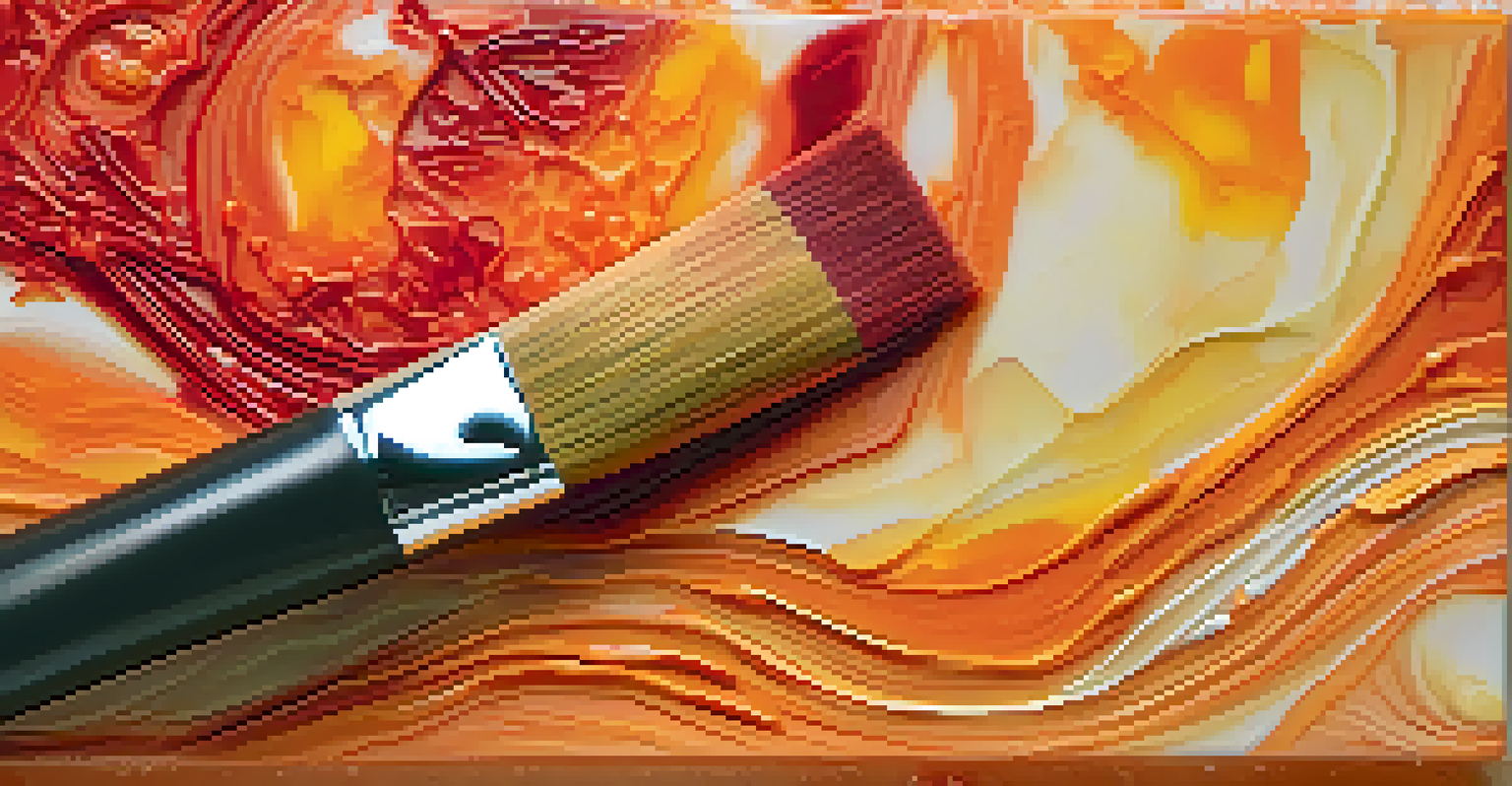 Close-up of an encaustic painting in progress, highlighting colorful layers and textures with an artist's brush.