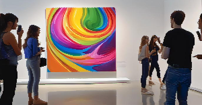 A colorful interactive painting in a gallery, with viewers using smartphones to interact with it.