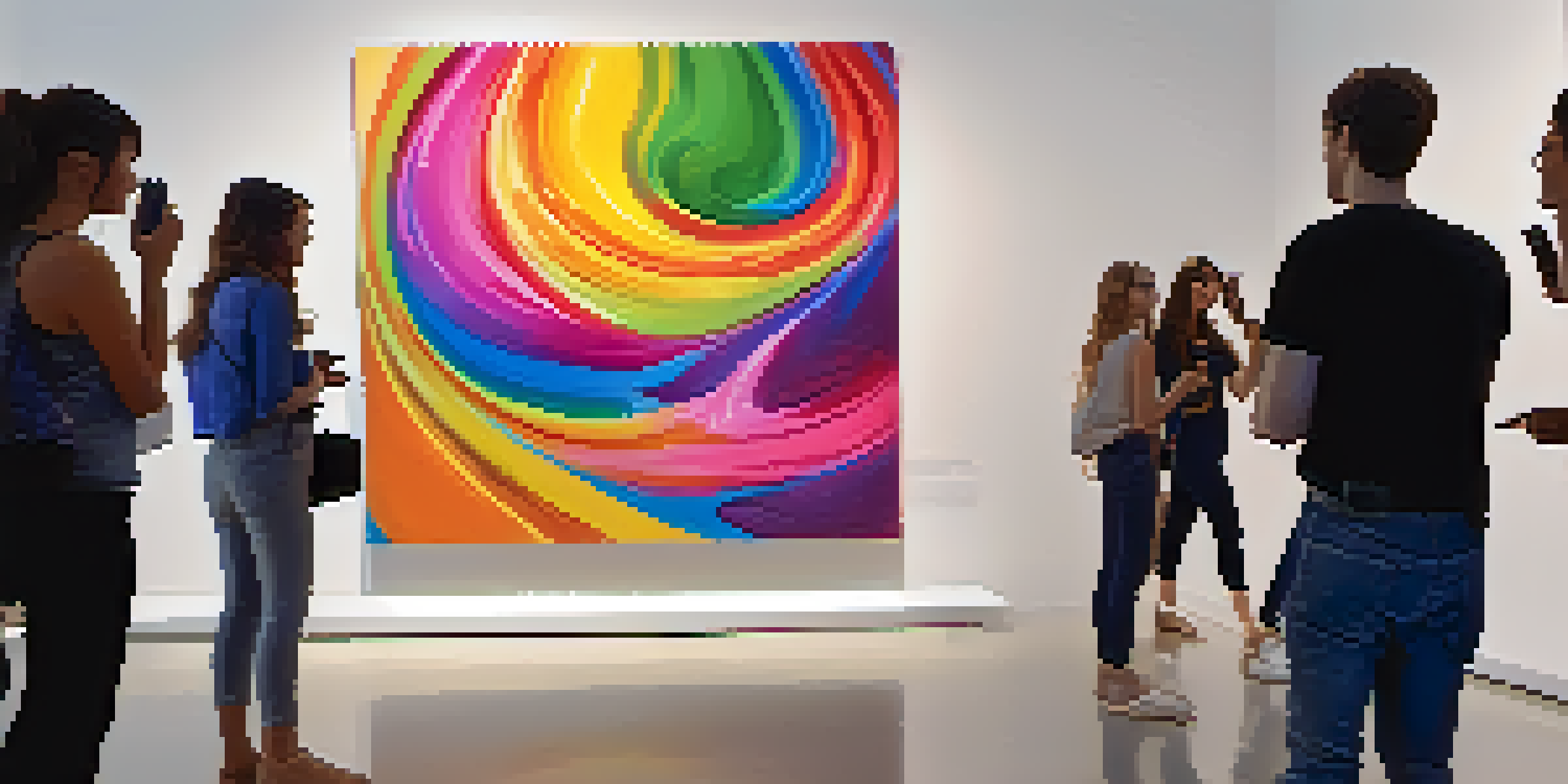 A colorful interactive painting in a gallery, with viewers using smartphones to interact with it.