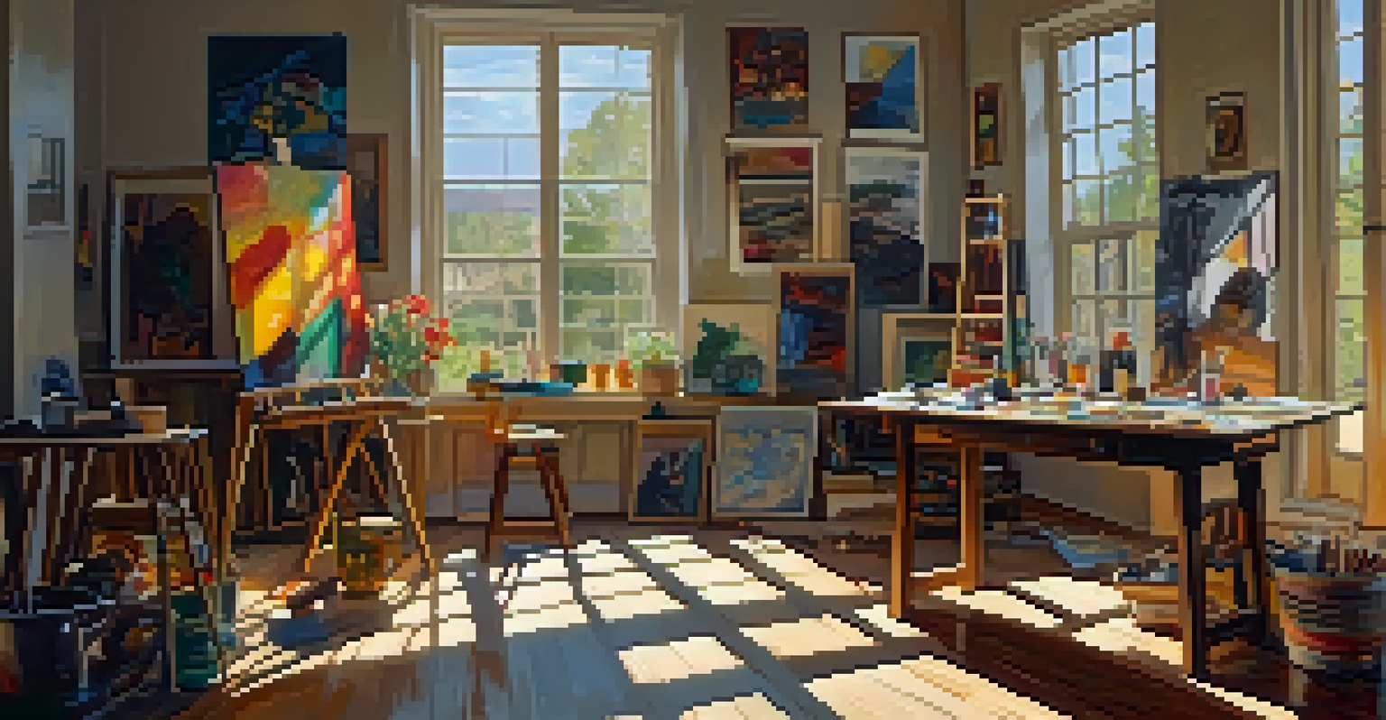 An artist's studio with colorful paintings, scattered art supplies, and sunlight streaming through windows, evoking creativity.