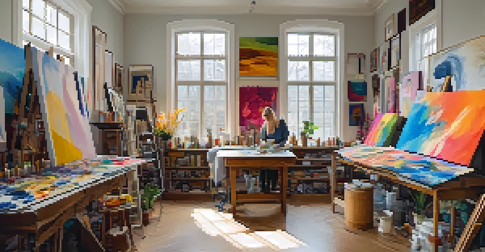 An artist in a colorful studio, creating feminist artworks, surrounded by vibrant paintings and sculptures.
