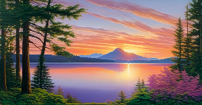 A peaceful sunset over a tranquil lake, with colorful reflections and green plants in the foreground.