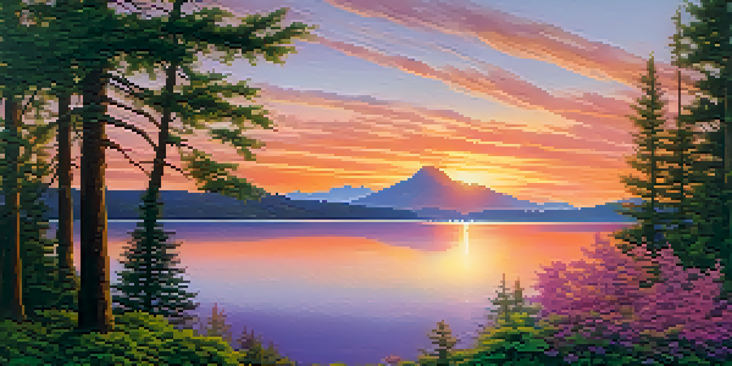 A peaceful sunset over a tranquil lake, with colorful reflections and green plants in the foreground.