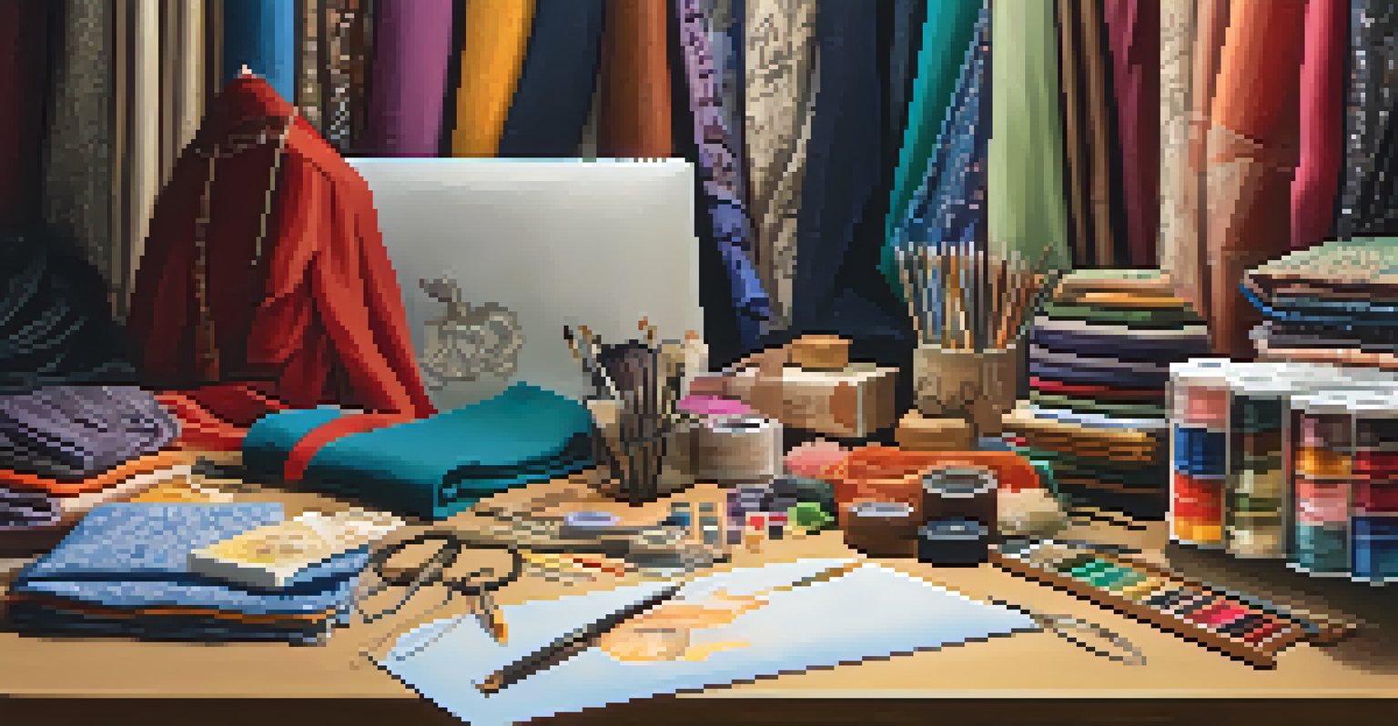 A detailed view of a costume designer's workspace filled with colorful fabrics, sketches, and sewing tools, warmly lit.