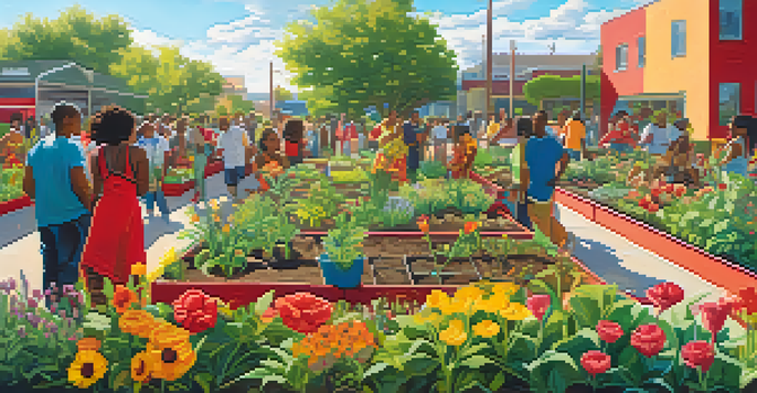 A colorful mural showing a diverse community working together in a garden filled with plants and flowers under warm sunlight.