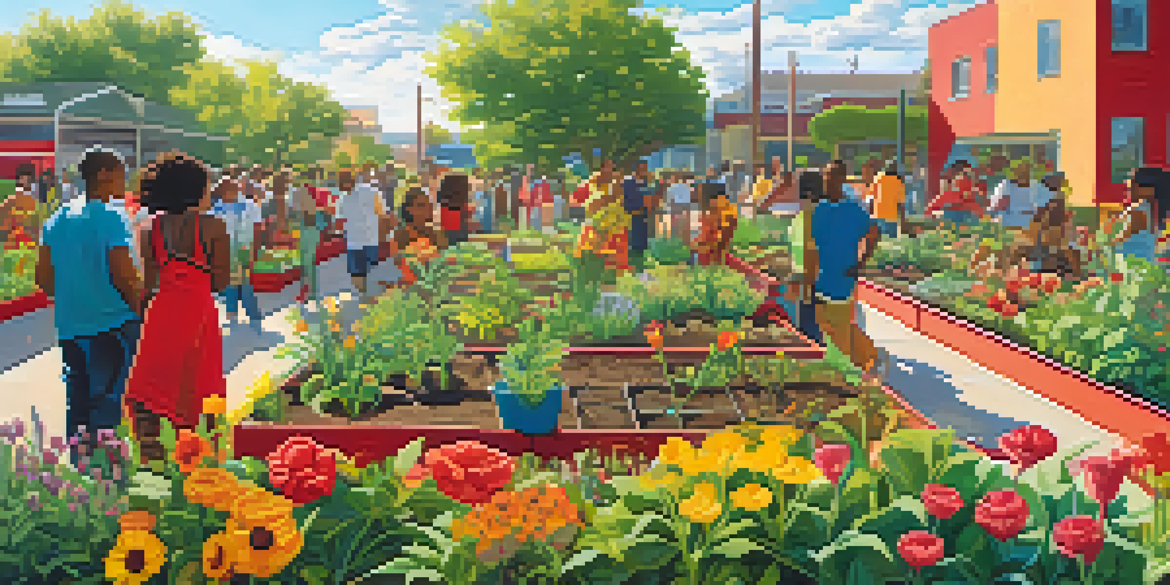 A colorful mural showing a diverse community working together in a garden filled with plants and flowers under warm sunlight.