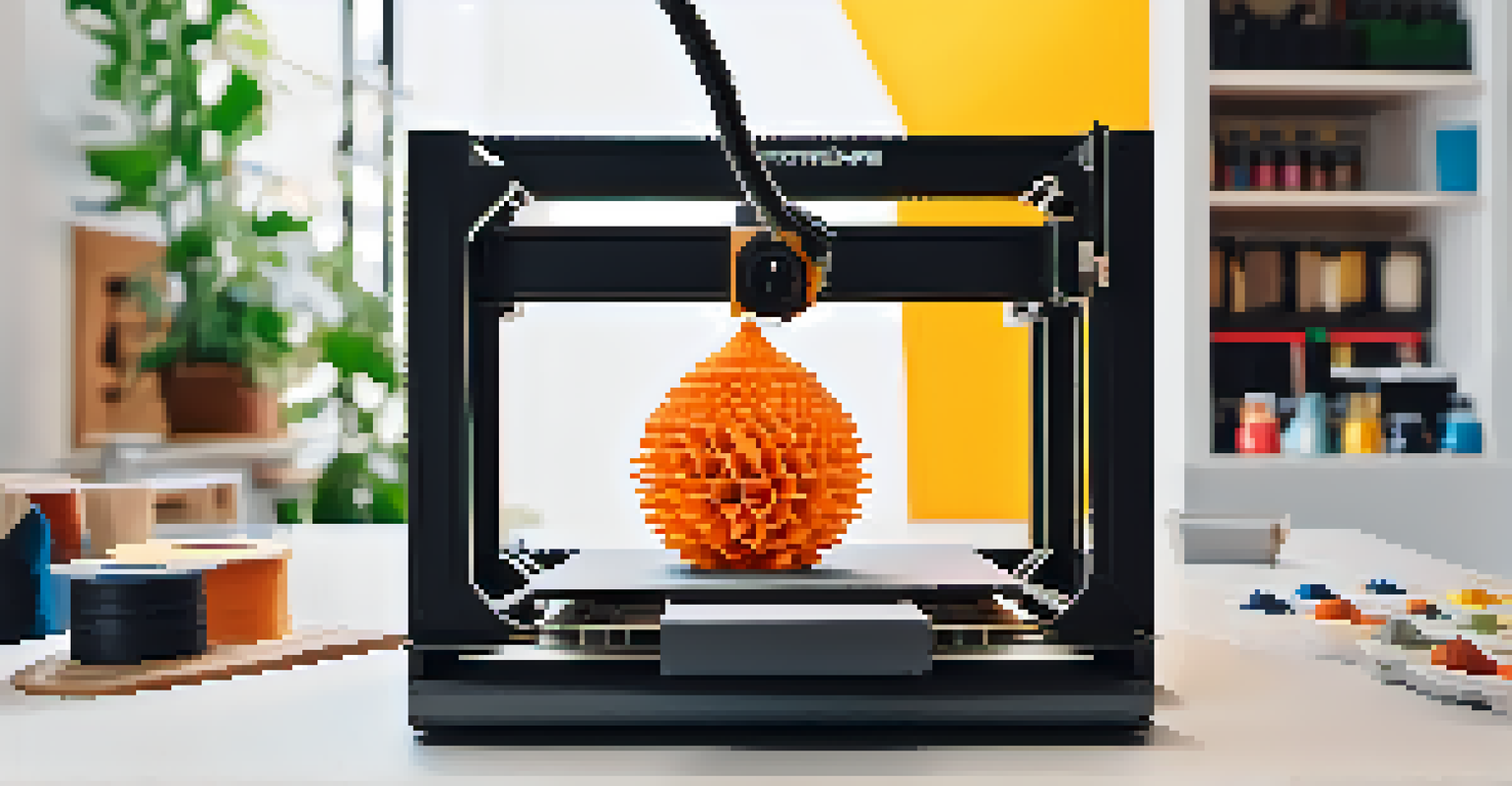 A close-up of a 3D printer creating a sculpture, surrounded by tools in a bright creative studio.