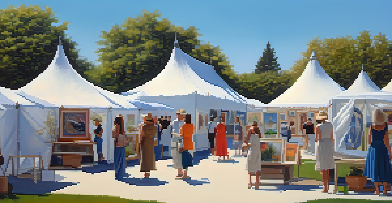 An outdoor art exhibition with women artists displaying their work, surrounded by visitors enjoying the art in a sunny setting.