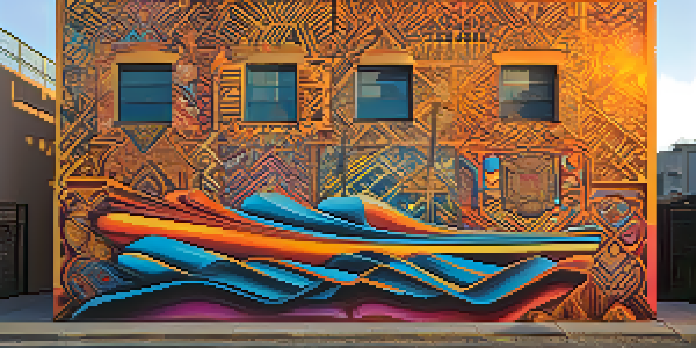 A colorful street art mural in an urban setting, showcasing various cultural patterns and designs during sunset.