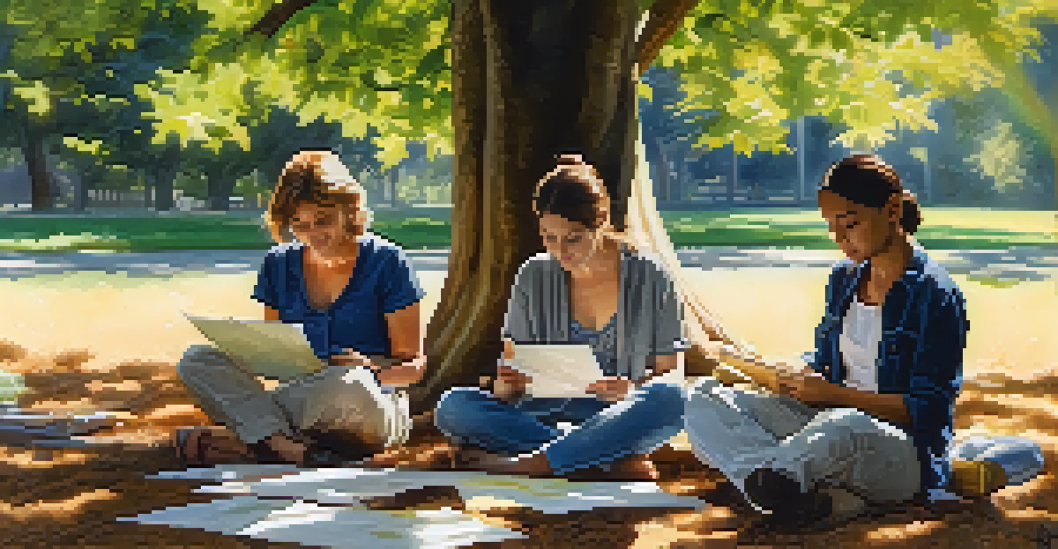 An outdoor art therapy session under a large tree, with individuals sketching, weaving, and painting in a sunlit grassy area.
