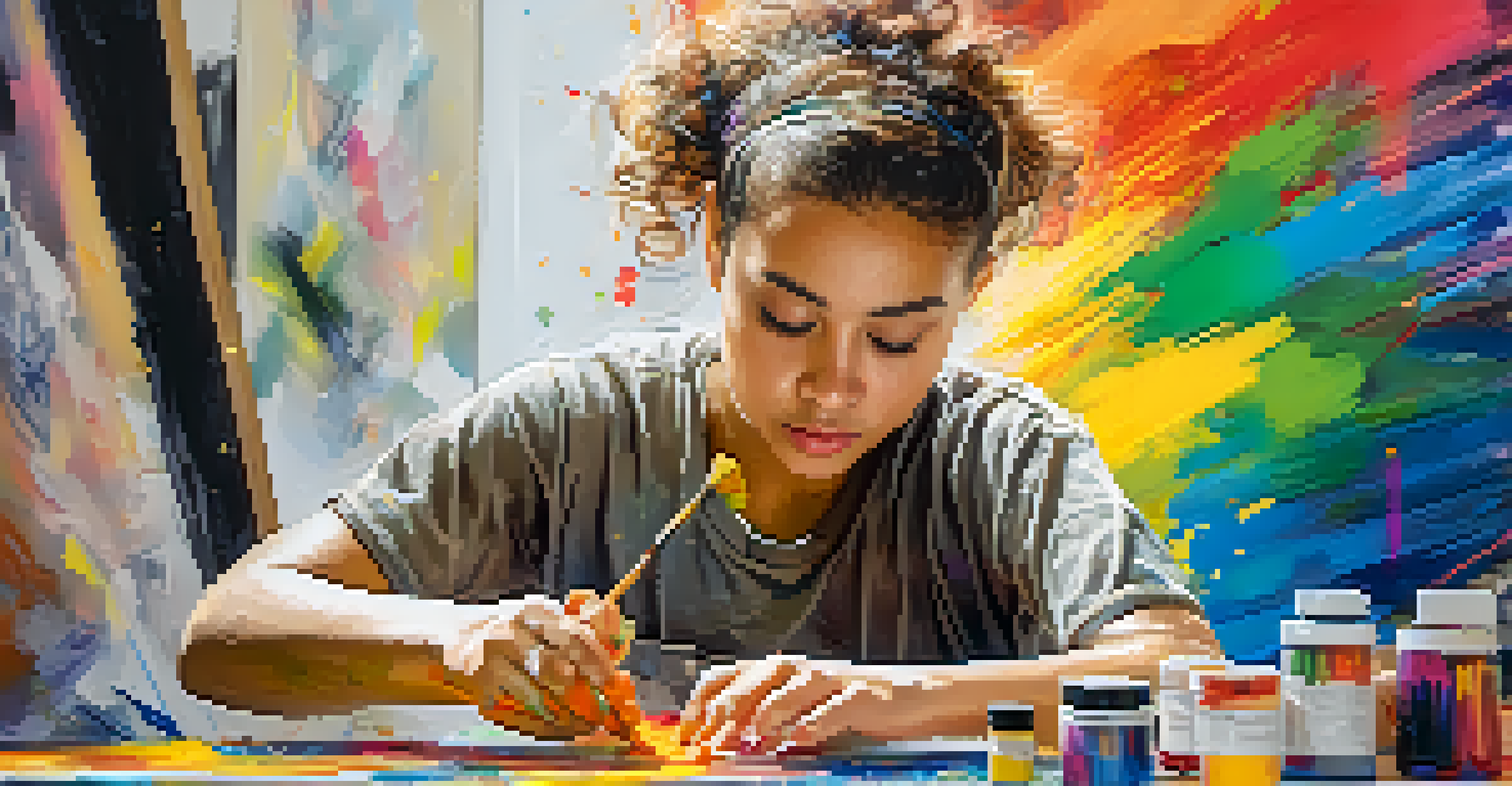A young artist creates a mixed-media piece, surrounded by colorful splashes of paint and digital effects.