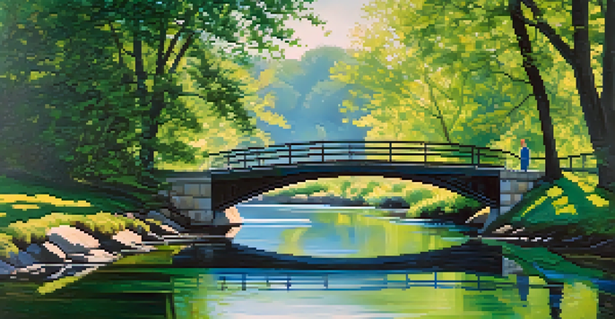 A peaceful river scene with a bridge, surrounded by trees and sunlight, reflecting on the water's surface.