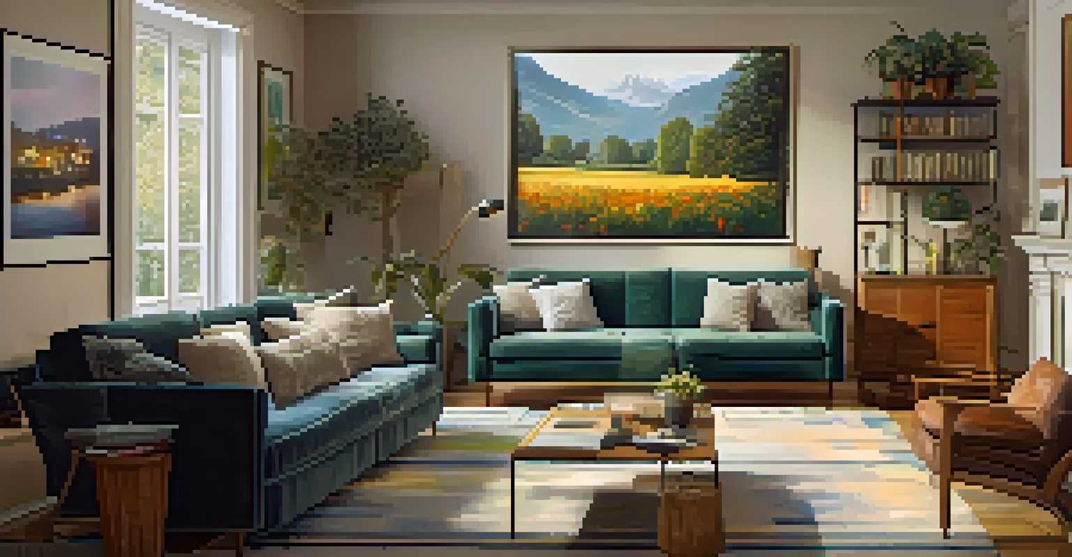 A cozy living room with a large screen displaying a virtual art exhibit, inviting viewers to explore the artworks.