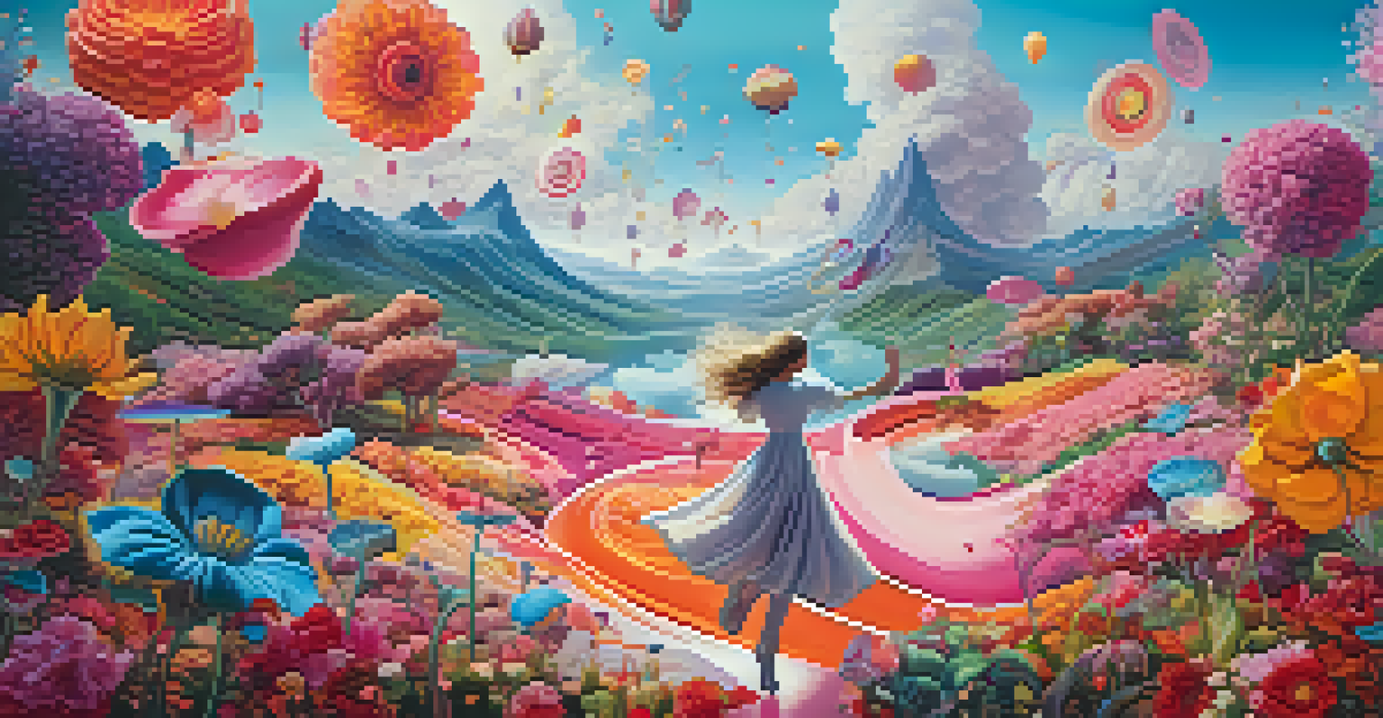A surreal scene with a dancing figure surrounded by floating objects and vibrant colors, evoking a dreamlike atmosphere.