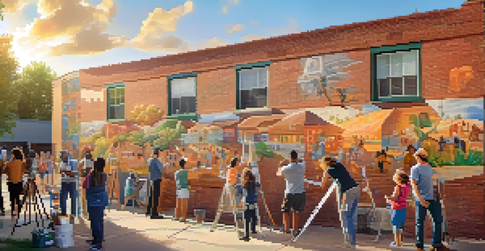 A community mural being painted, showcasing local landmarks and diverse individuals working together under warm sunset lighting.