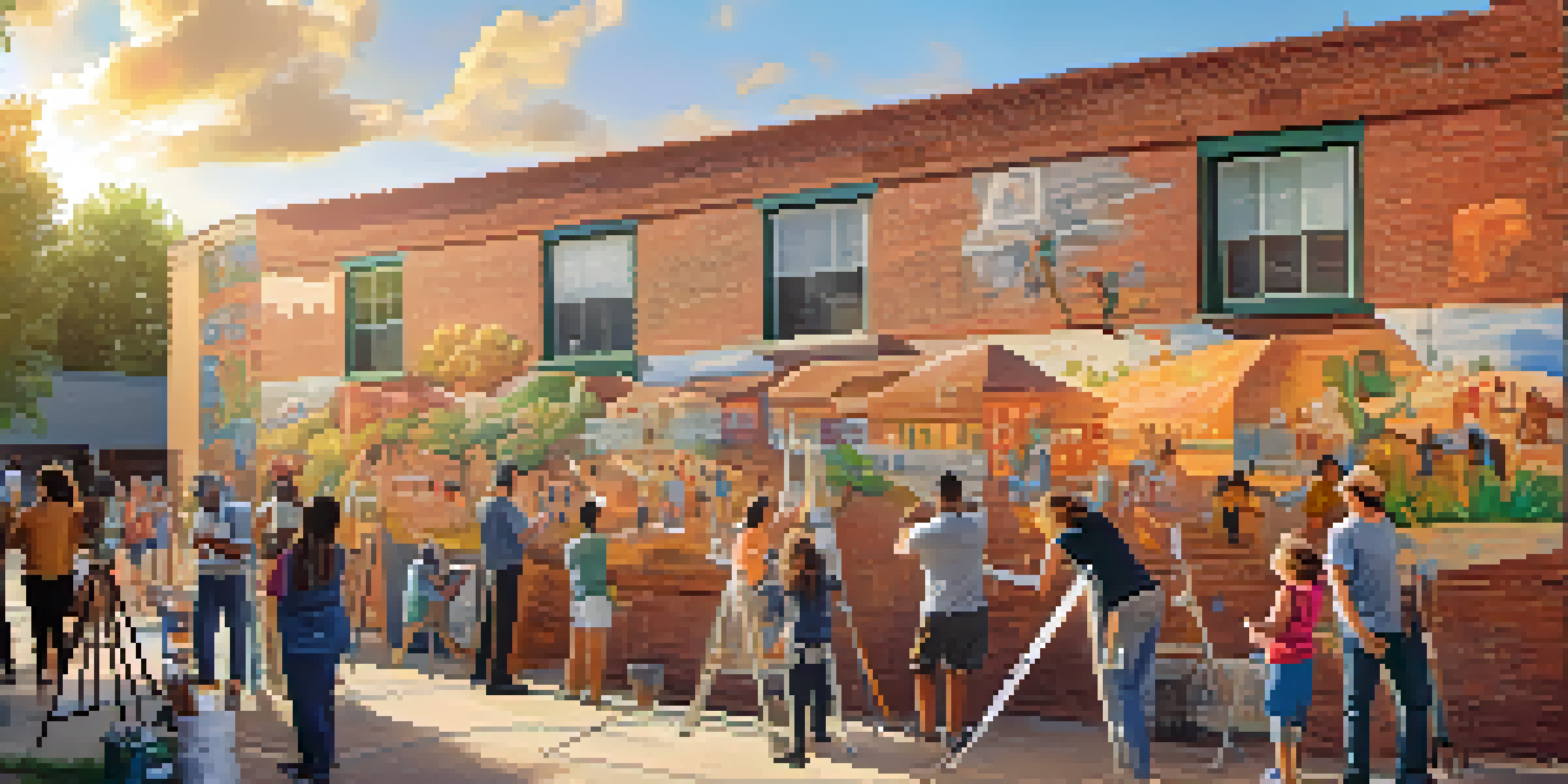 A community mural being painted, showcasing local landmarks and diverse individuals working together under warm sunset lighting.