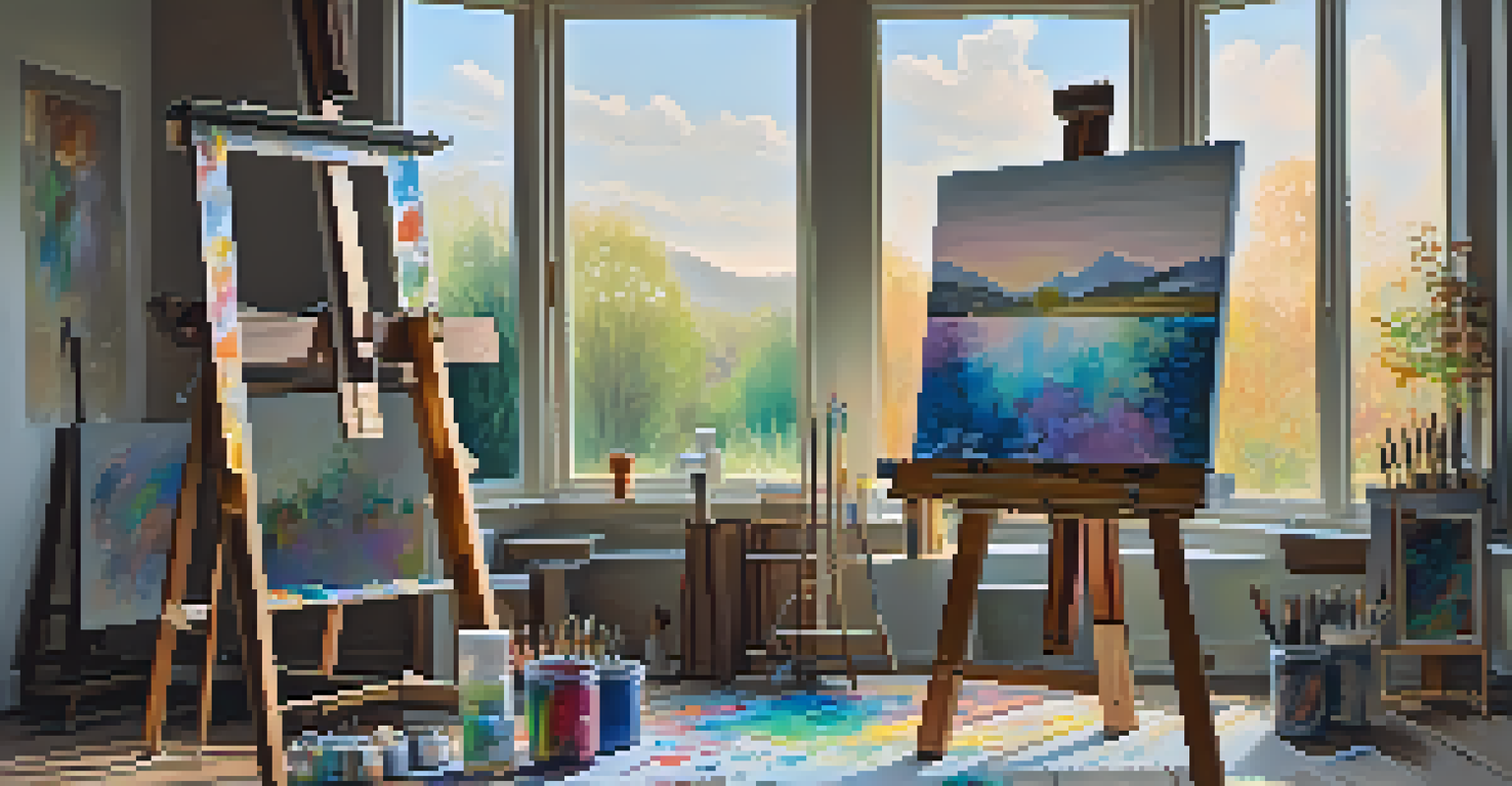 An artist's studio with a colorful abstract painting on an easel, surrounded by art supplies and natural light.