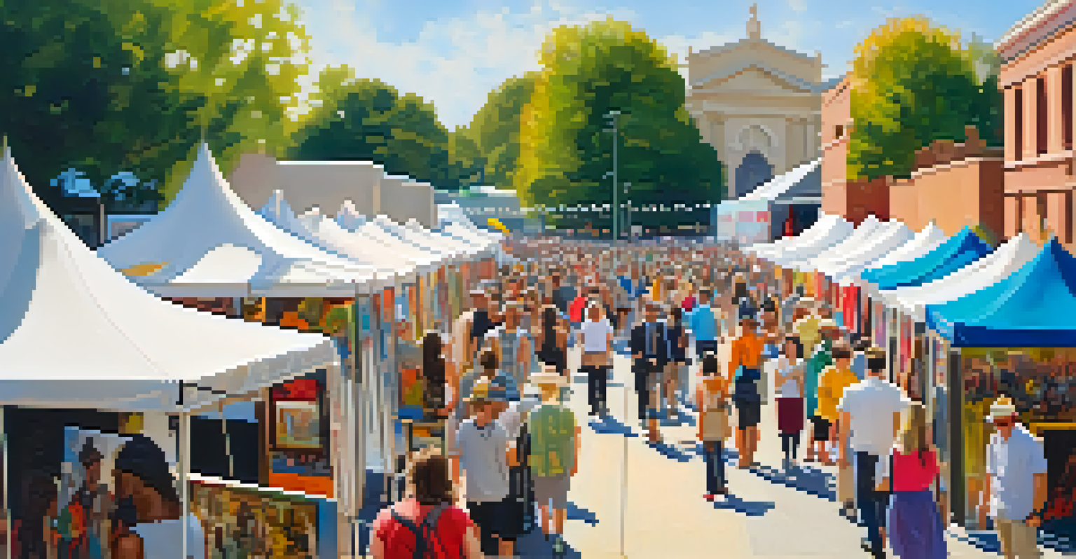 A lively outdoor art fair with artists displaying their work and a crowd of visitors enjoying the atmosphere.