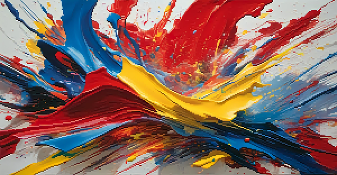 An abstract expressionist artwork with swirling colors in red, blue, and yellow, showcasing dynamic brushstrokes and splatters against a gradient background.