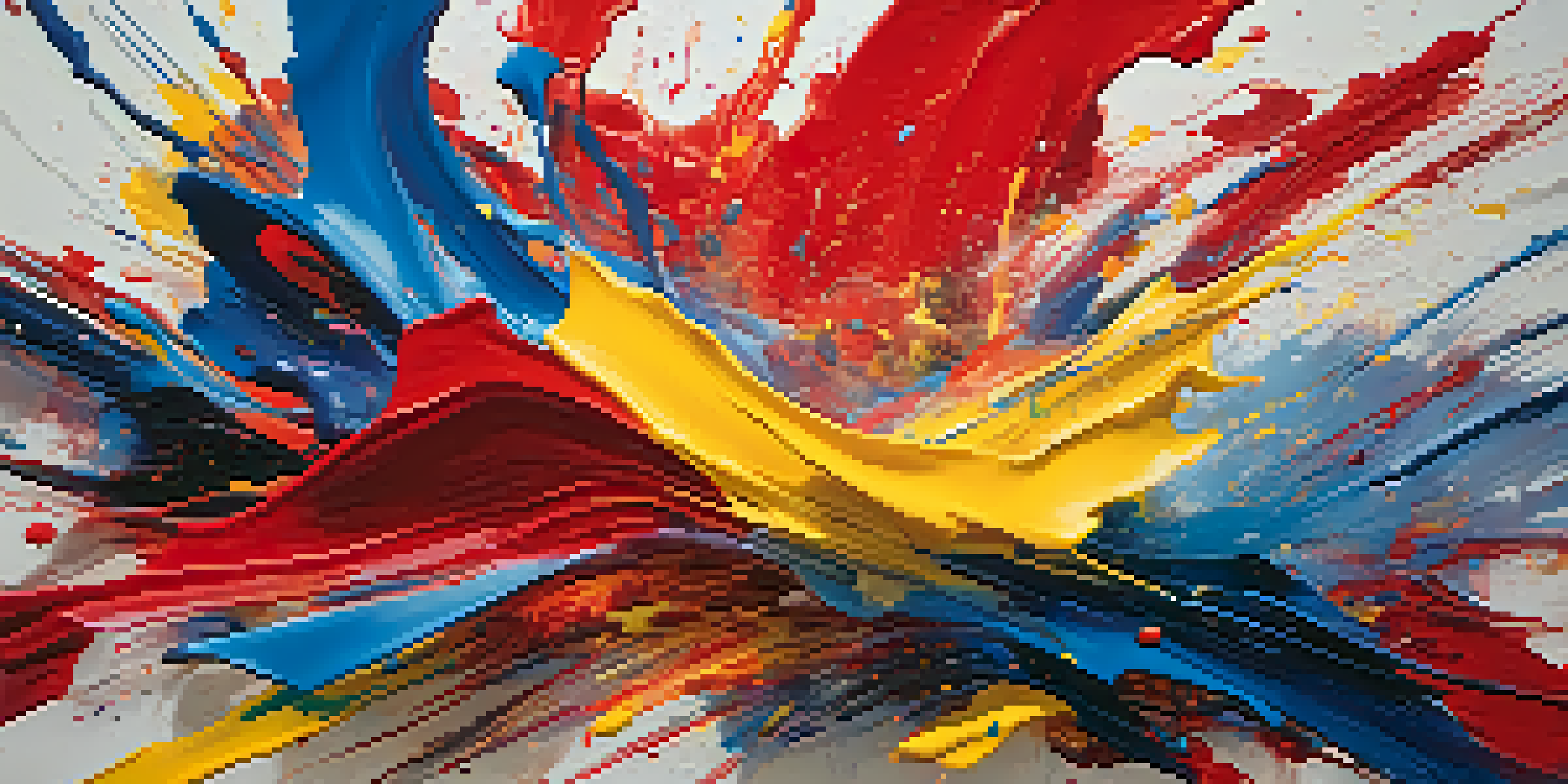 An abstract expressionist artwork with swirling colors in red, blue, and yellow, showcasing dynamic brushstrokes and splatters against a gradient background.
