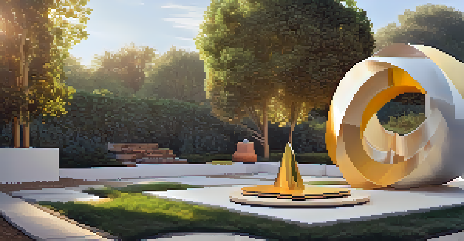 A large outdoor abstract sculpture surrounded by colorful paintings during golden hour.