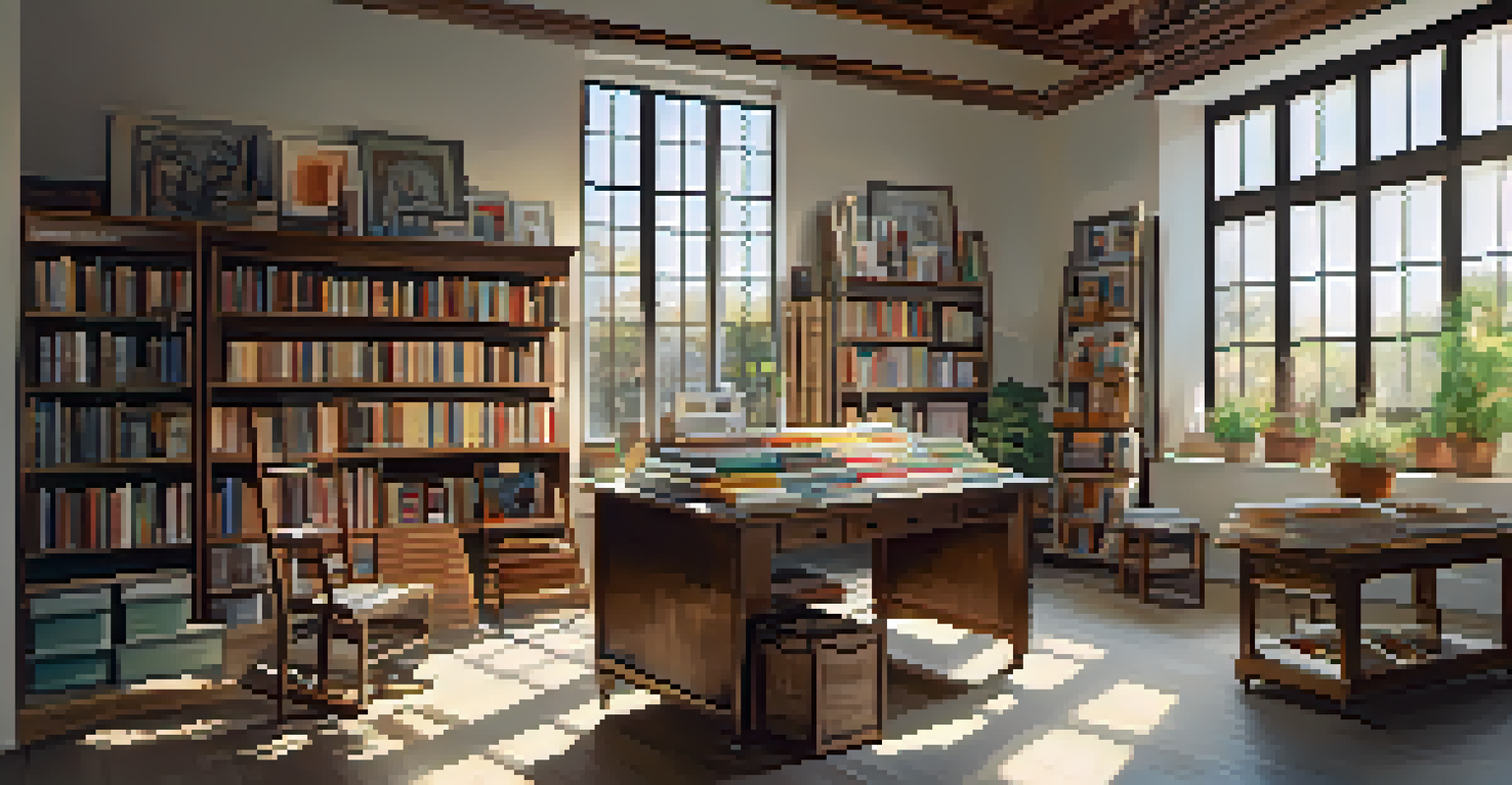 An artist's studio featuring modern and traditional art supplies, with a canvas in progress illuminated by sunlight.