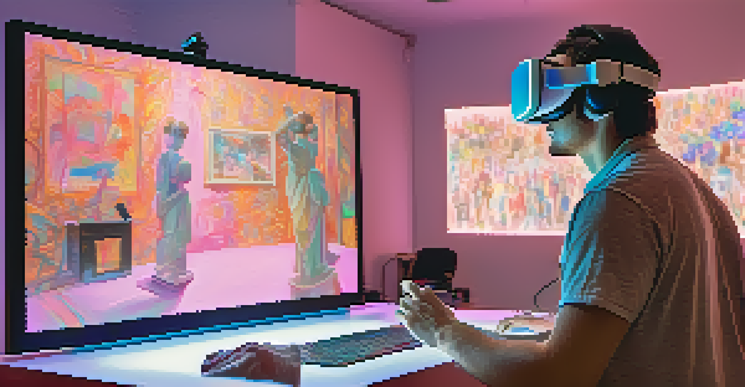 An artist with a VR headset creating a digital sculpture in a virtual environment, surrounded by traditional art supplies and a glowing screen displaying their artwork.