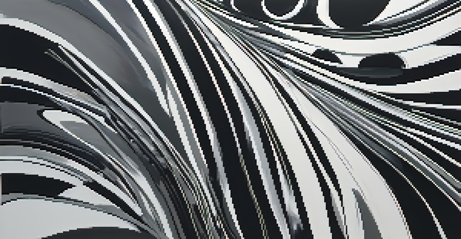 An abstract black and white artwork with swirling shapes and strong contrasts.