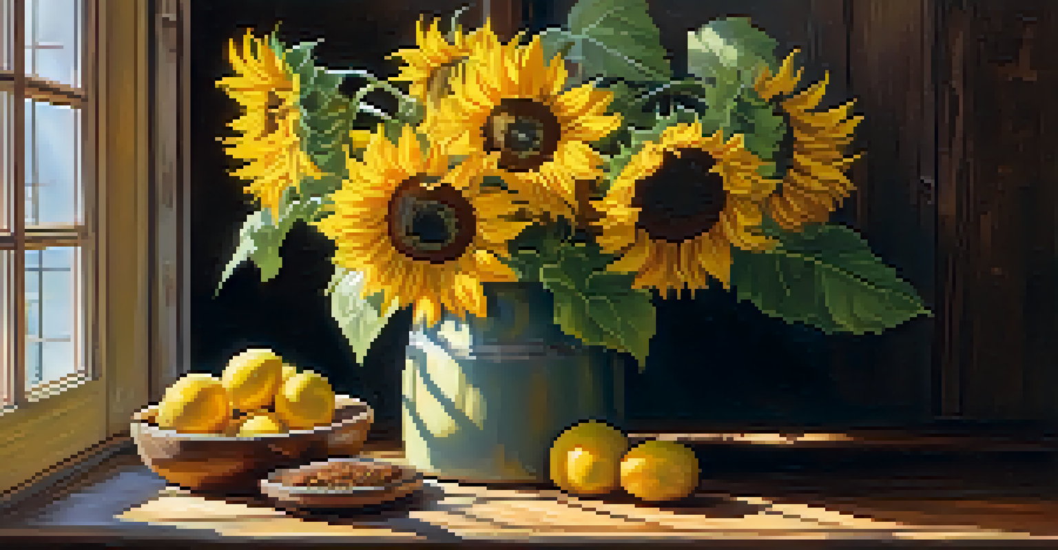 A bright vase of sunflowers on a wooden table, illuminated by warm sunlight.