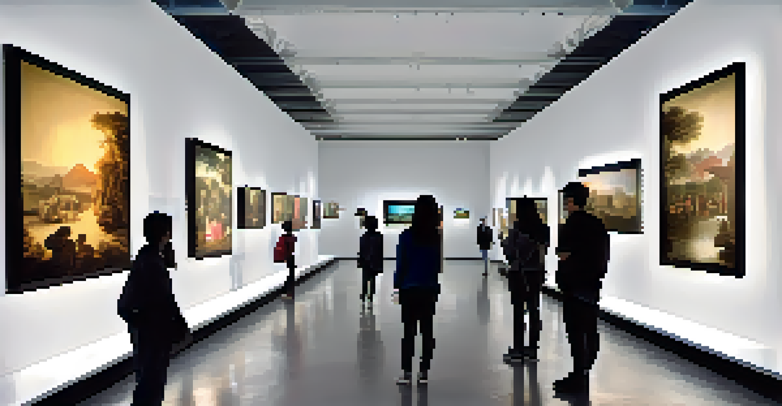 A digital exhibition displaying traditional paintings on modern screens, with engaged visitors in a softly lit space.