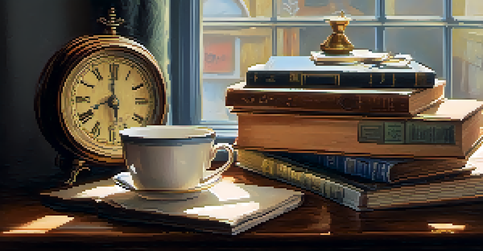 A still-life scene with a vintage table, clock, books, and a cup of tea in soft natural light.