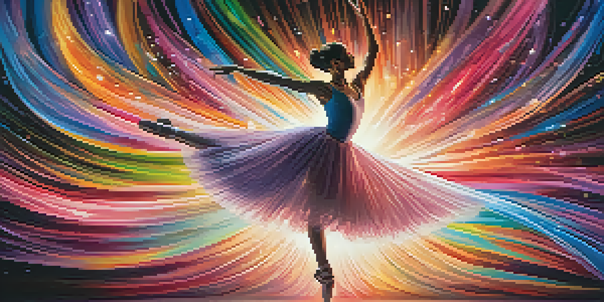 A ballerina performing in mid-air on stage, surrounded by vibrant colors and soft textures, creating an ethereal atmosphere.