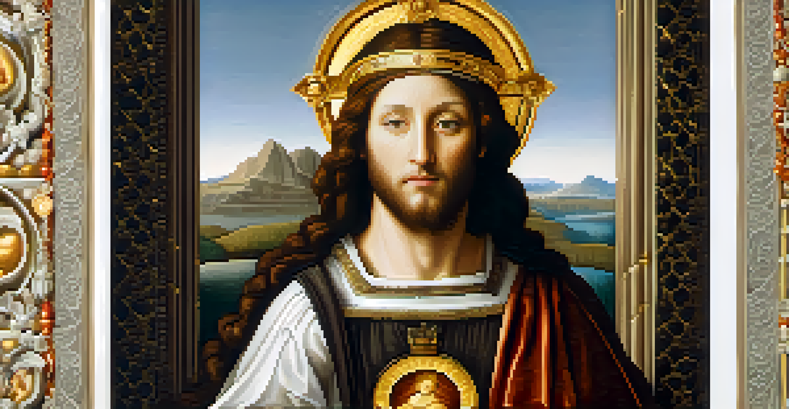 A close-up of a Renaissance painting of a saint with a halo, holding a symbolic object, showcasing the intricate details and textures of the artwork.