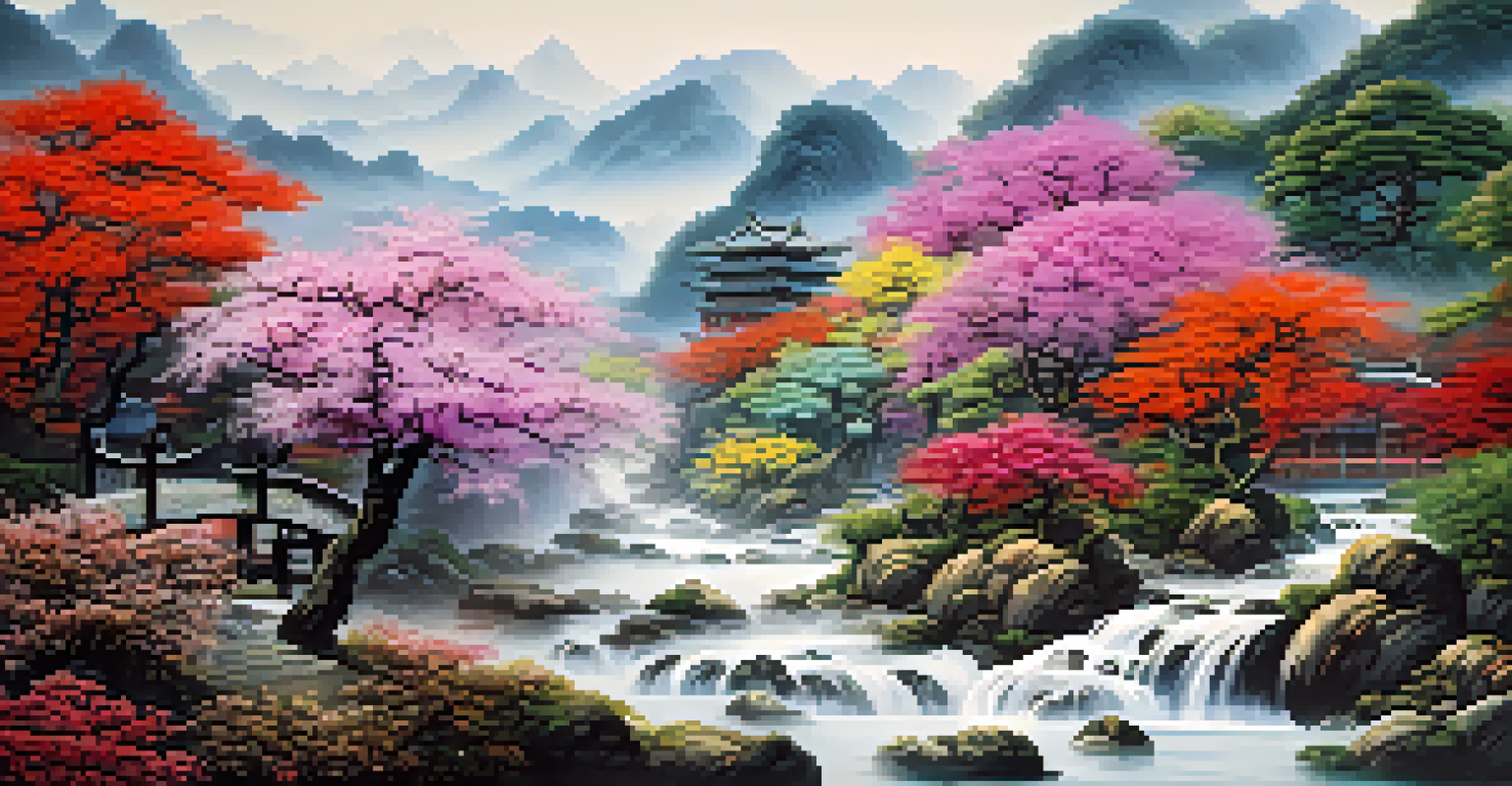 A detailed close-up of a Chinese landscape painting featuring flowers, a stream, and misty mountains.