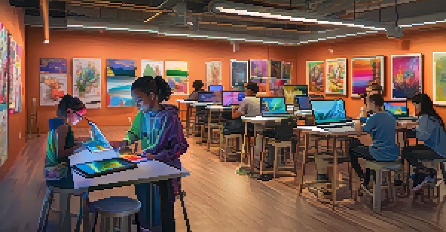 A vibrant workshop where young people create digital art on tablets, with mentors assisting them in a colorful and inspiring environment.
