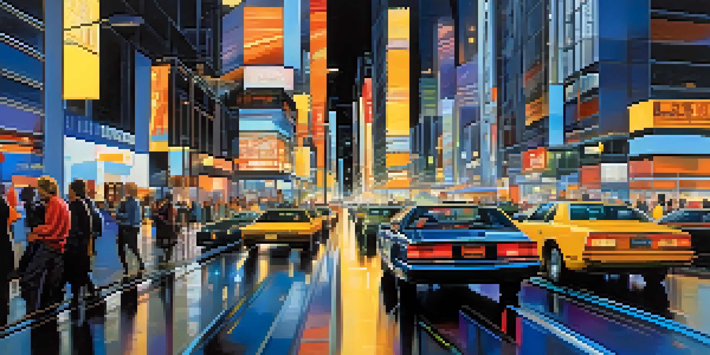 A vibrant city street scene with futuristic vehicles and pedestrians, showcasing tall buildings and bright lights.