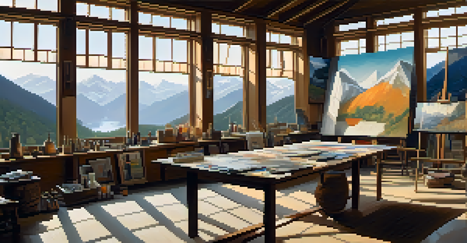 An artist's studio with Eastern art influences, showcasing abstract nature paintings and scattered art tools, filled with warm light.