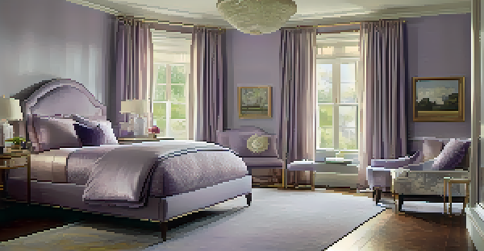 A tranquil bedroom decorated in soft lavender hues with elegant curtains and plush bedding, illuminated by warm sunlight.